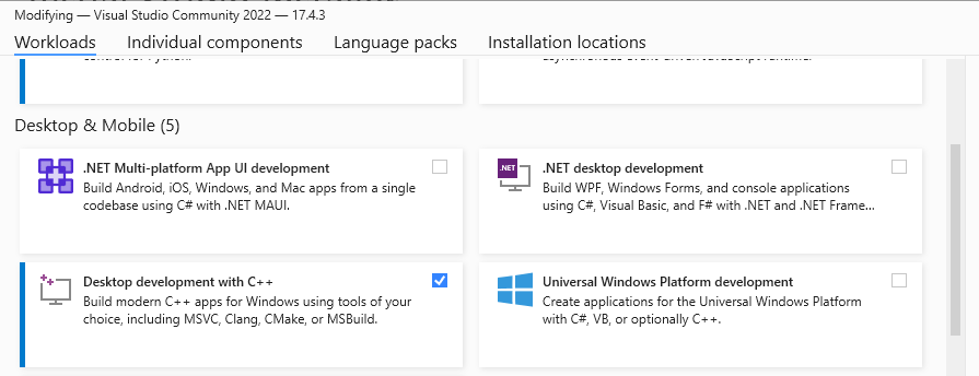 Visual Studio Select C++ Workload